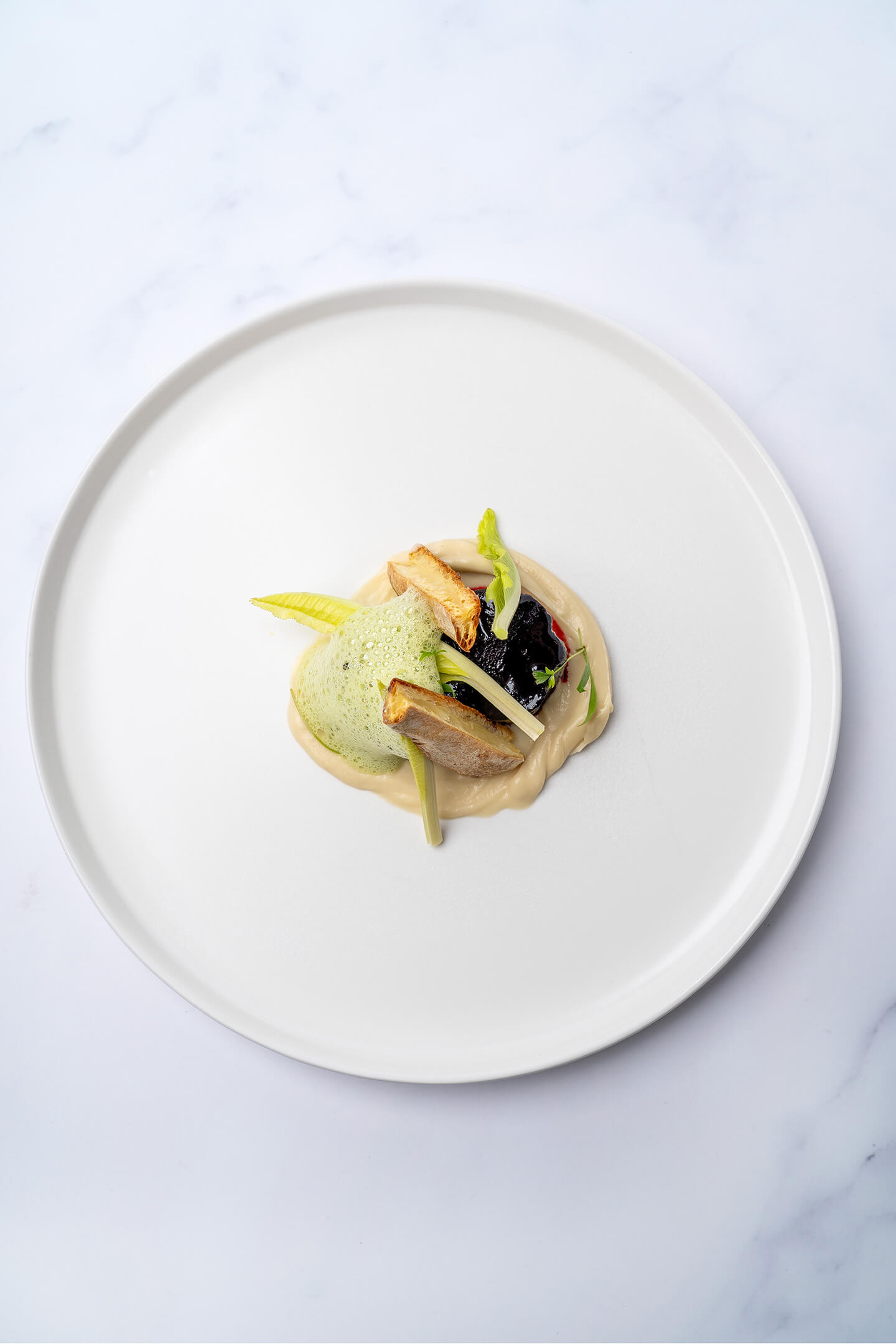 Oerbiet met rode biet demiglace, motti cress velouté en cashewnoot-gepofte knoflook crème